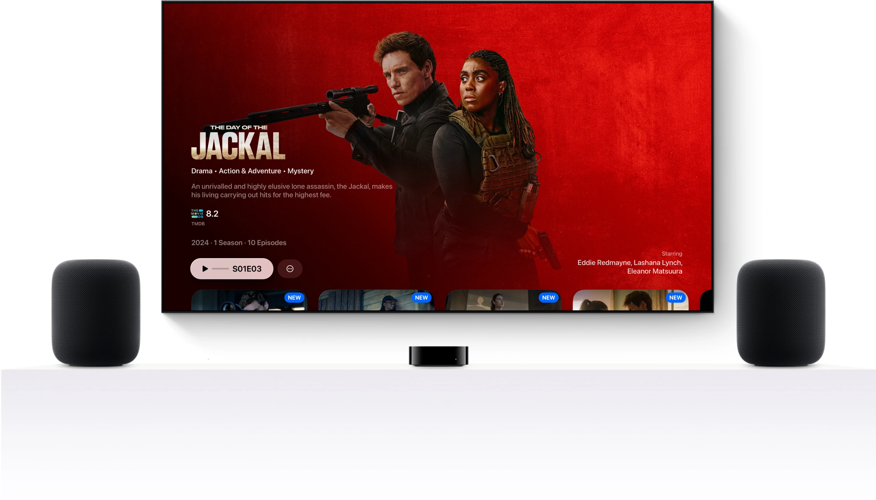 Triad on a living-room TV flanked by two HomePods